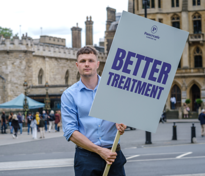 PCUK campaigner in Westminster holding a placard saying Better Treatment