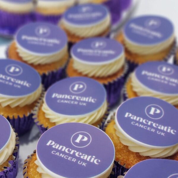 Cupcakes with the pancreatic cancer uk logo