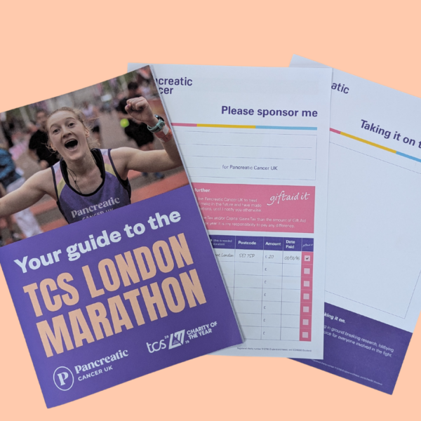 a guide to the london marathon, a sponsorship form and a poster together on a coral background