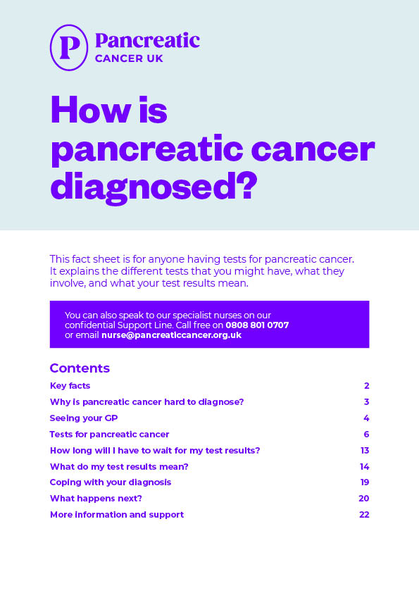 Front page of the how is pancreatic cancer diagnosed fact sheet. Shows title, logo, introduction and contents