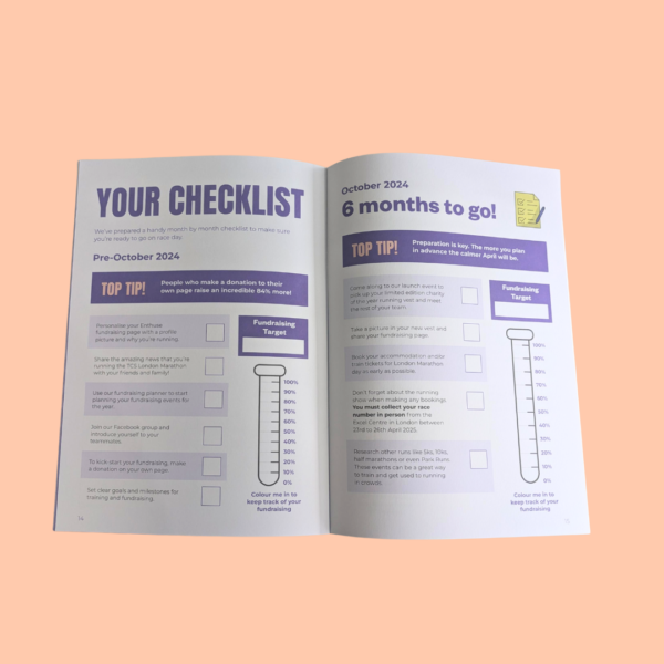 Booklet open on a coral background showing a checklist