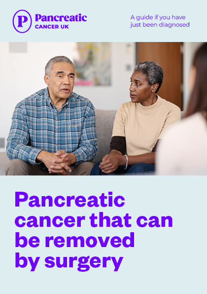 front cover of the booklet 'pancreatic cancer that can be removed by surgery' photo of couple talking to health professional