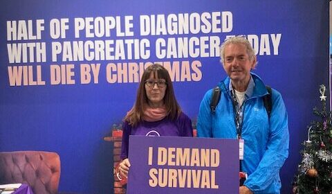 Jo and Michael Bunt at stand who is living beyond pancreatic cancer